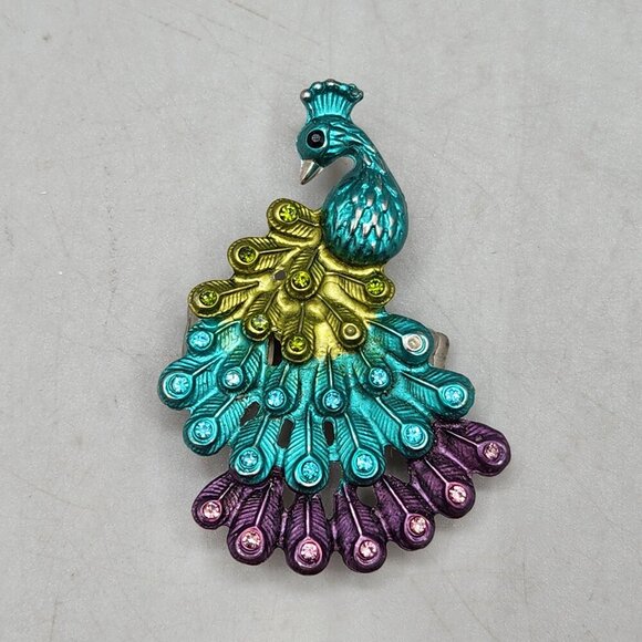 Peacock Metal Stretch Ring Statement Blue Purple Green Rhinestone Bling - Picture 1 of 4